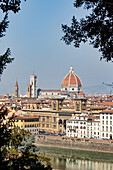 Skyline with the famous red brick dome of Cathedral of Santa Maria del Fiore, The Duomo, and Giotto's Bell Tower in the Historic Center of Florence; Florence, Tuscany, Italy
