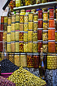 Close-up of olive stall in the Souk Ablueh of Djemaa el-Fna in the Medina of Marrakesh; Marrakesh, Marrakesh-Safi, Morocco