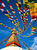 Colorful prayer flags hanging from the golden spire of the largest Tibetan Buddhist stupa in Nepal at Boudhanath superb of Kathmandu; Kathmandu, Kathmandu, Nepal