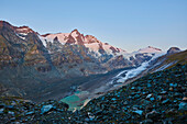 Mount Großglockner (Grossglockner) with glacier Pasterze from Gamsgrubenweg, Franz-Joseph-Höhe on an early morning; Kärnten (Carinthia), Austria