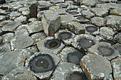 Schwarze Basaltsäulen, die aus dem Meer ragen, Giant's Causeway, Nordirland, Vereinigtes Königreich