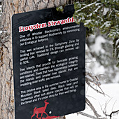 Ein Schild über Ökosystem-Stewardship an einem Baum; Whistler British Columbia Kanada