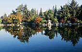 USA, California, San Jose, Kelley Park, Reflections in pond; Japanese Friendship Garden