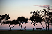 Silhouette einer Frau, die am Strand von Kirra entlang läuft; South Gold Coast Queensland Australien