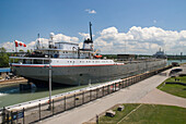 Merchant Ship Going Through A Lock; St. Catharines Ontario Canada