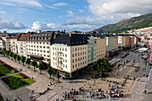 High Angle View Of Pedestrians In A Town Square; Bergen Norway