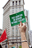 Free Abortion on Demand! Green Sticker at Abortion Rights Rally, New York City, New York, USA