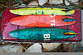 high Angle View of Colorful Miniature Minibus with Three Surfboards