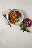 Poke bowl with red cabbage