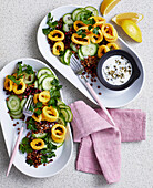 Baked-not-fried calamari with green lentil salad