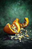 Sliced pumpkin with pumpkin seeds