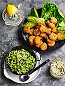 Zucchini baba ganoush with carrot falafel and edamame tabbouleh