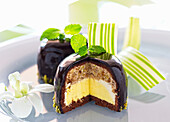 Chocolate Mirror Glaze Cake with vanilla and nuts