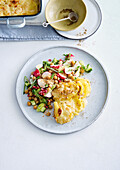 Coconut potato gratin with lime served with chickpea salad with radishes