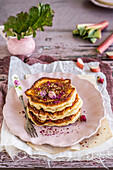 Pancakes with rosebuds and rhubarb