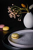 Still life with macarons, ceramic plate and vase