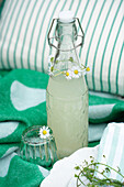 Bottle with lemonade, decorated with a wreath of daisies