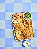 Fish with salt and vinegar fries, dill mayonnaise and pea and mint mash
