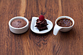 Chocolate cake, chocolate mousse and crème brulée