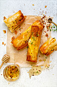 Filo pastry rolls with feta filling from the hot air fryer