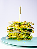 Club sandwich with oyster mushrooms and 'V-bacon' (vegan bacon substitute)