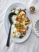 Marinated potato slices with capers and crispy cauliflower