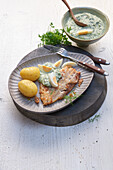 Fried fish with Frankfurt green sauce