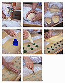 Preparing dumplings with nettle filling