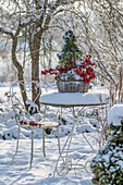 Winterliches Gesteck aus Zuckerhutfichte (Picea glauca), Zweige mit Zieräpfeln auf Gartentisch im verschneiten Garten