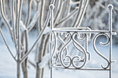 Ziergitter im winterlichen Garten mit Eiskristallen, close-up