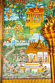 Luang Prabang, Laos. Antike Wandschnitzereien an der Fassade des Wat Mahathat.