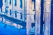 Ice skating rink reflection, Nimes, Gard, France. Oldest Roman Temple created in 7 AD