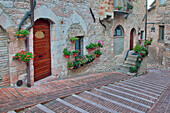 Italien, Umbrien, Assisi. Spazierweg entlang der Straßen von Assisi, gesäumt von blühenden Töpfen.