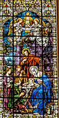 Jesus, Joseph, Mary, Nativity Birth Bethlehem stained glass, Gesu Church, Miami, Florida. Built 1920's Glass by Franz Mayer.