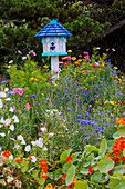 USA, Oregon. Cannon Beach und Cottage Garden mit weißem Vogelhaus mit blauem Dach