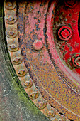 USA, Oregon, Tillamook. Close-up of old and rusted painted truck wheels