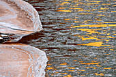 USA, Utah. Abstract design, reflections of canyon walls on the icy Colorado River, Colorado River Recreation Area, near Moab.