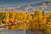 USA, Washington State, Methow Valley and river edged in Fall colored trees.