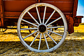 USA, Washington State, Whitman County, Palouse. Farm wagons used to harvest wheat. Wagon wheel and spokes.