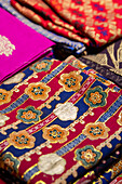 Indonesia, Bali. Traditional handicraft village of Tohpati specializing in batik fabric. close-up of textiles.