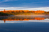 Kanada, Manitoba, Duck Mountain Provincial Park. Morgennebel auf dem See im Herbst.