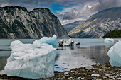 Beached icebergs from nearby McBride Glacier sit on a Muir Inlet beach.