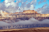 USA, Utah. Green River, Cloud and Mist Shrouded Little Elliot Mesa, Transportation Rock
