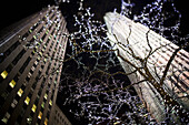 Looking up at the Rockefeller building at night; New York City, New York, United States of America