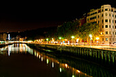 Puente Del Campo Volantin Over Ria De Bilbao At Night, Bilbao, Basque Country, Spain