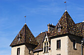 Detail Of The Ceramic Tiled Roof Of The Chateau Marguerite Bourgogne, Couches, Burgundy, France.