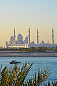 United Arab Emirates, Abu Dahbi, View of Shaikh Zayed Bin Sultan Al Nahyan Mosque from Shangri-la Hotel