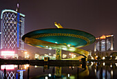 China, Sichuan, Chengdu, Illuminated buildings; Tianfu Square