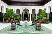 Morocco, Courtyard with fountain; Marrakech