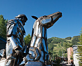 USA, Colorado, Downtown; Aspen, Man on horse sculpture, Public art, Equestrian statue